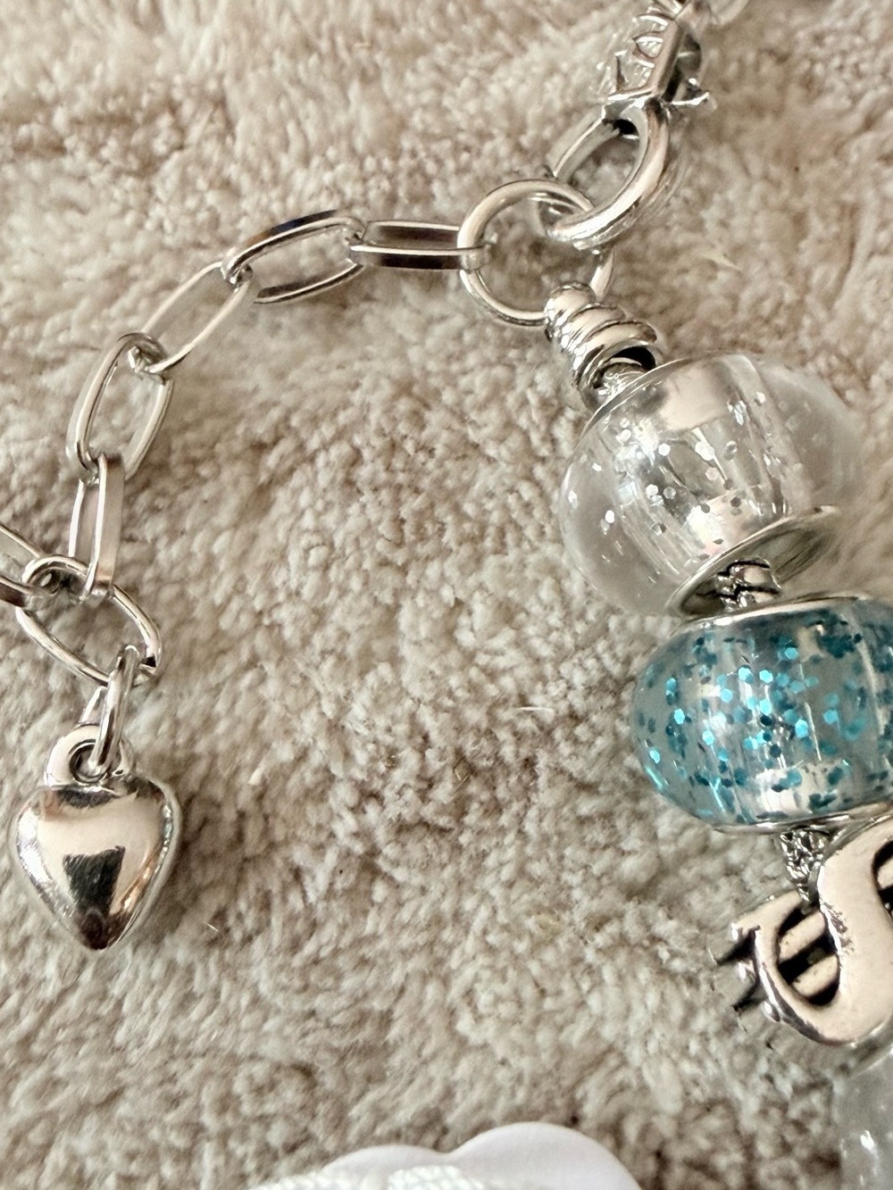 Silver Charm Adjustable Bracelet with Blue and Clear Sparkle Glass Beads - Picture 3 of 6